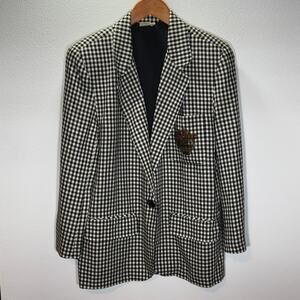 Vintage Saks Fifth Avenue Blazer M Wool Rayon Gingham Check Crest Patch 80s 90s